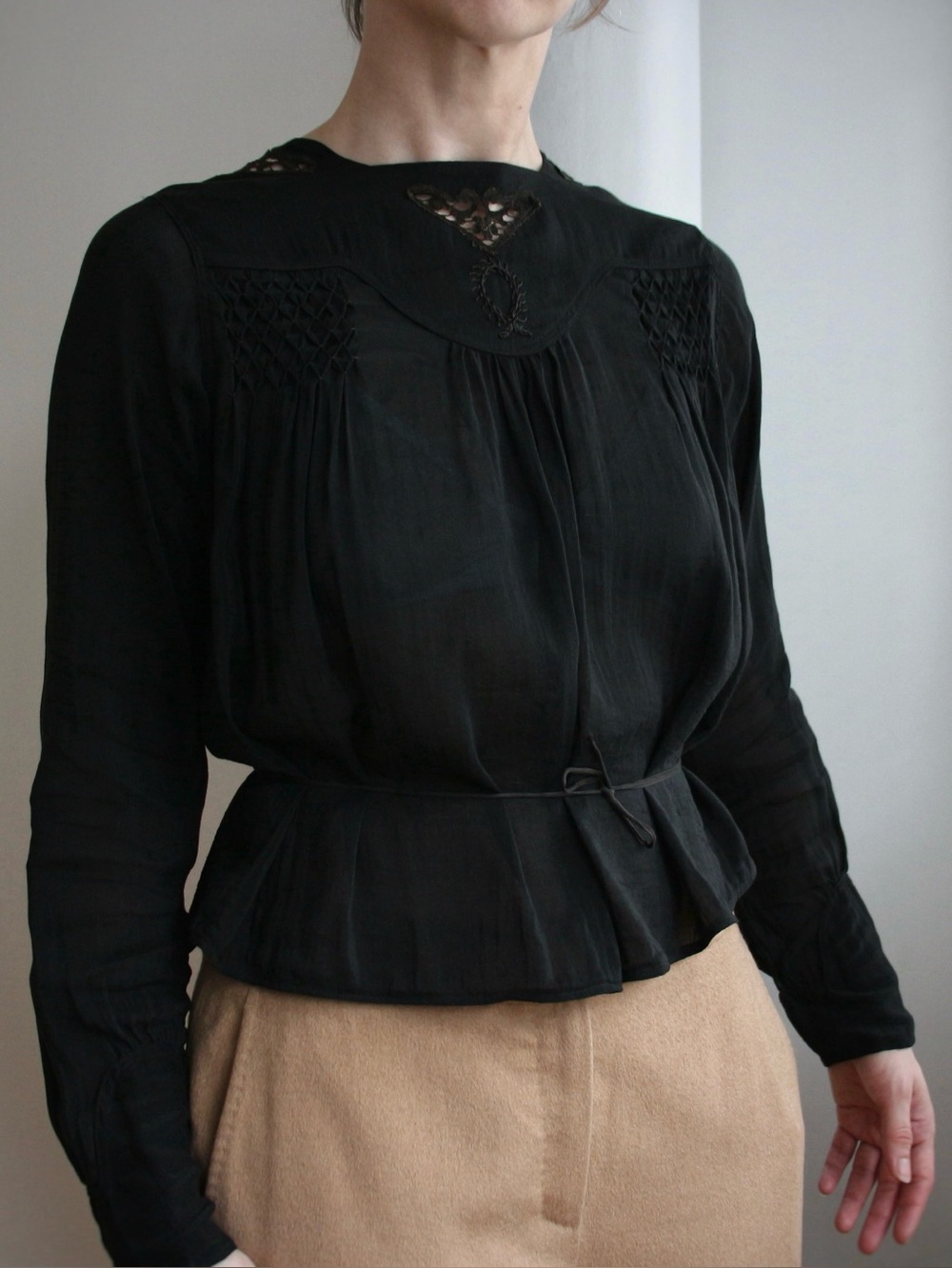 1900-1910's Edwardian Black Silk Mourning Blouse